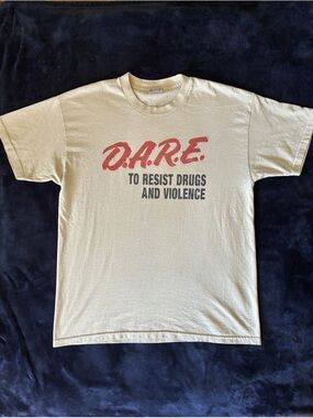 1986 Fruit of the Loom D.A.R.E. Tee in Cream with Red/Black Print